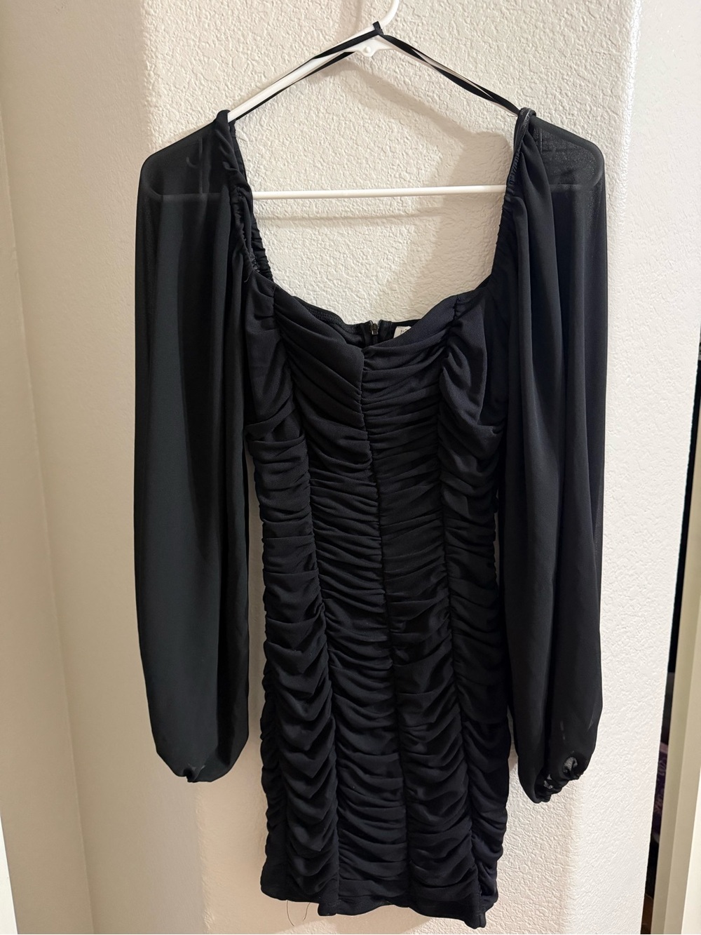 Ruched Black Long-Sleeve Mini Dress